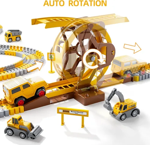 Vista 5 de iHaHa 299 piezas de pistas de carreras de construcción para niños, 6 piezas de autos de ingeniería y pista de carreras flexible crea un camino