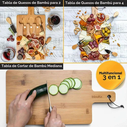 Vista 7 de BlauKe - Tabla de queso de bambú con cubiertos (incluye 3 cuchillos de queso)