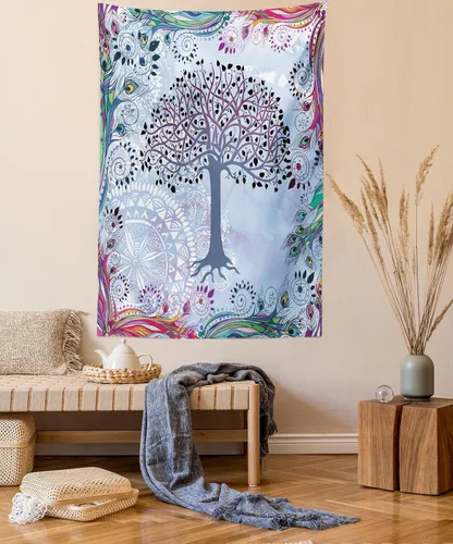 Vista 59 de Ambesonne Tapiz verde, fases lunares alrededor de un árbol de la vida, impresión de diseño bohemio de astrología nocturna, decoración de tela