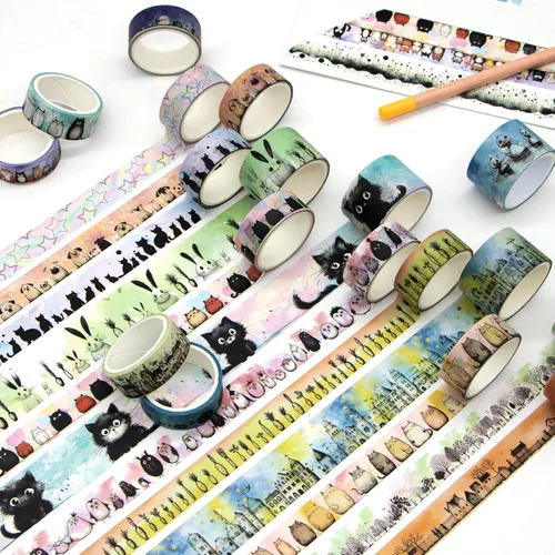 Vista 3 de Lindo juego de cinta washi – 24 rollos de cinta washi decorativa de animales Kawaii para suministros de álbumes de recortes, suministros de diario