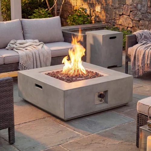 Vista 23 de COSIEST mesa cuadrada de propano para exteriores de arenisca con protector contra el viento, certificada, quemador de acero inoxidable de 50,000