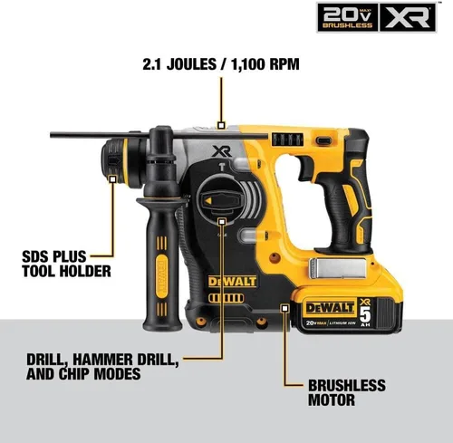 Vista 8 de DeWalt dch273p2 20V Max – Martillo perforador SDS con baterías 5 Ah sin escobillas.