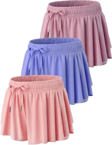 Vista 7 de Paquete de 3 pantalones cortos fluidos para niñas con forro de elastano, 2 en 1, faldas de mariposa para jóvenes, para fitness, correr, deportes