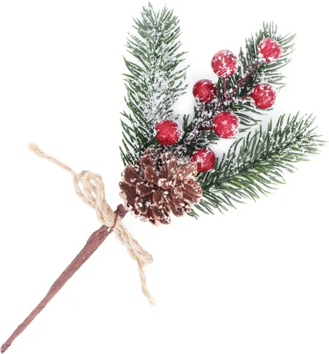 Vista 4 de 12 piezas de púas artificiales de pino para árbol de Navidad con bayas rojas, conos de pino, moño de lazo, ramas artificiales de pino, tallos, rocío
