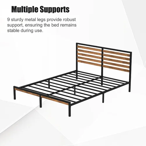 Vista 13 de Marco de cama de tamaño matrimonial con combinación de madera y metal, plataforma estable con soporte de listones de acero, cama doble, no necesita
