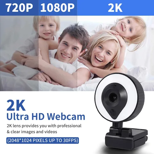 Vista 2 de Cámara web de 1080p AutoFocus 2K Brillo ajustable Cámara Web con micrófono estéreo y trípode para transmisión en vivo Educación a distancia