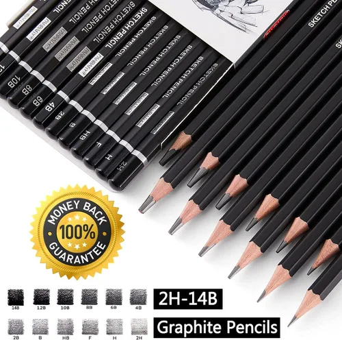 Vista 3 de PANDAFLY Juego de lápices de dibujo profesional, 12 lápices de grafito (14B a 2H), ideal para dibujar arte, bocetos, sombreado, lápices de artista