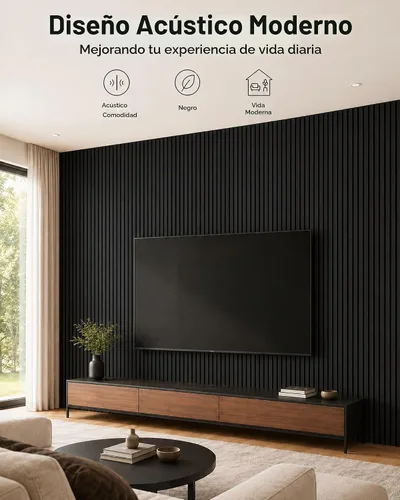 Vista 2 de Paneles de pared de listones de madera acústica, paquete de 4 unidades de Negro