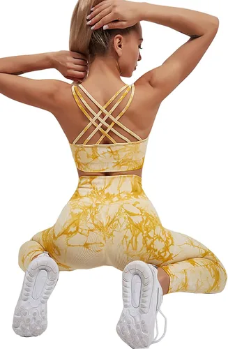 Vista 6 de YuMENo Conjuntos de entrenamiento de teñido anudado para mujer, 2 piezas, sin costuras, cintura alta, leggings de yoga con brasier deportivo, ropa