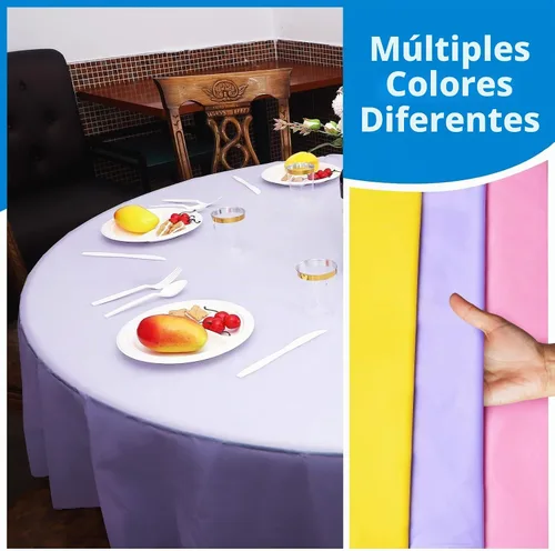 Vista 3 de EDI Manteles redondos desechables – Paquete de 12, varios colores, plástico, resistente a derrames y manchas, 81 x 84 pulgadas
