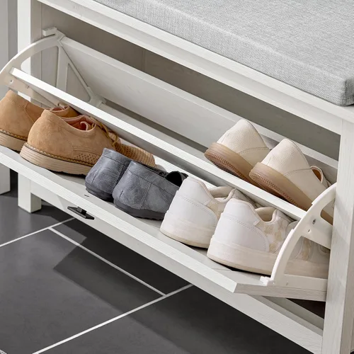 Vista 6 de Haotian Banco de almacenamiento de zapatos, para entrada, zapatero para pasillo, zapatero pequeño con cajón abatible y cojín de asiento, blanco