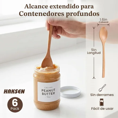 Vista 2 de HAKSEN Cucharas de madera, 6 cucharas de sopa de madera de 9 pulgadas para comer, mezclar, agitar, cuchara de mango largo para estilo japonés
