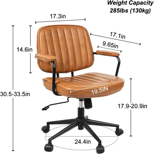 Vista 2 de Silla de oficina moderna de mediados de siglo, silla de escritorio ergonómica de piel sintética con ruedas y brazos, silla giratoria ajustable