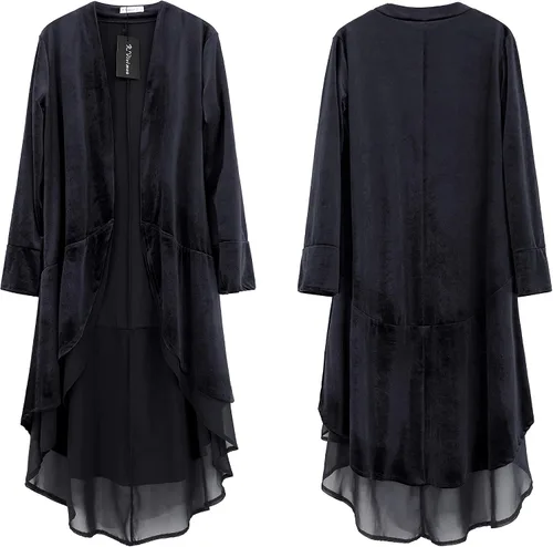 Vista 3 de R. Vivimos - Chaqueta con volados, asimétrica, larga, de terciopelo, informal, para mujer