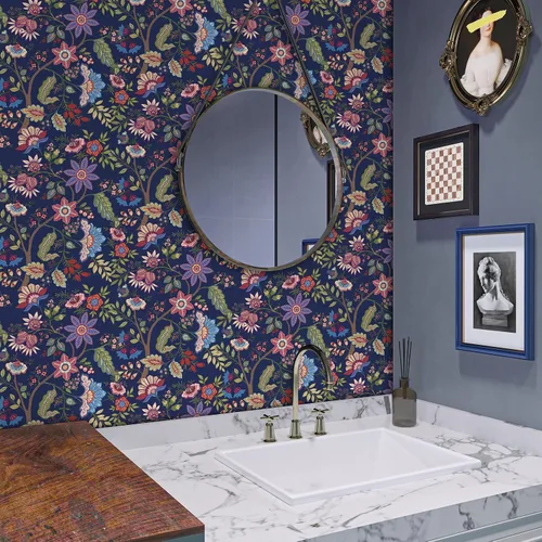 Vista 4 de VaryPaper Papel tapiz de 17.7 x 78.7 pulgadas, papel tapiz floral exótico azul para paredes, papel de contacto floral bohemio para paredes, papel