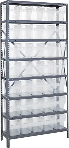 Vista 222 de Quantum QSBU-245BK Heavy Duty Shelving Unit with (7) Shelves and (24) QUS245 Black Bins for Garage Warehouse Storage Distribution 400 lb Load