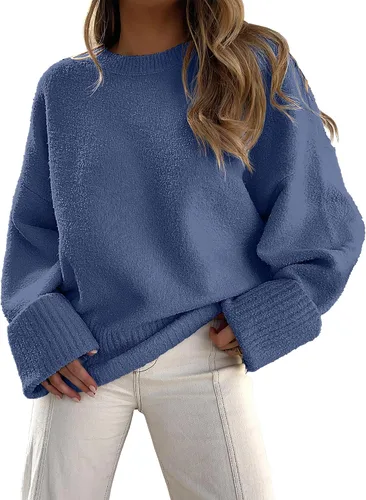 Vista 17 de LOGENE Suéter de gran tamaño para mujer, cuello redondo, manga larga, suave, mullido, suéter de punto 2025 para otoño e invierno