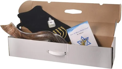 Vista 2 de Auténtico juego Kudu Shofar – Cuerno yemenita natural completo (26"-28") con bolsa de menorá, guía y estuche de transporte – Hecho a mano en Israel