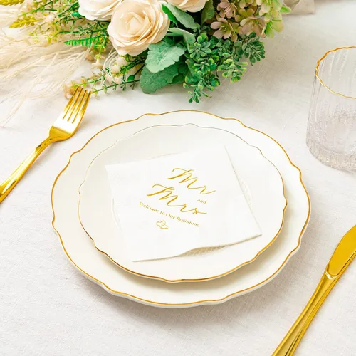 Vista 4 de Crisky Servilletas de 3 capas de papel de aluminio dorado Mr and Mrs de cóctel de boda, 100 unidades para bodas, fiestas, recepciones, postres
