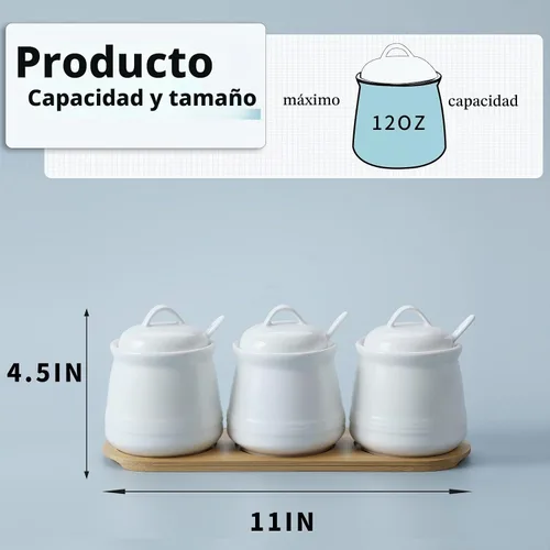 Vista 3 de Juego de 3 tarros de porcelana para condimentos con bandeja, 12 onzas, color blanco