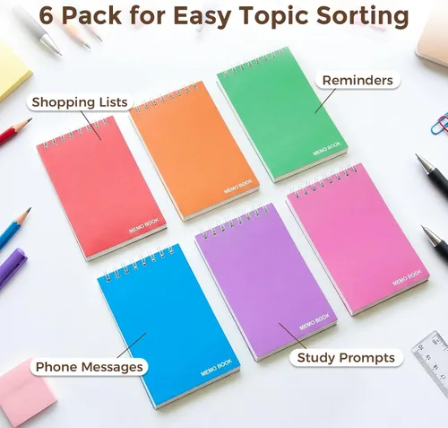 Vista 2 de Koogel Paquete de 6 cuadernos de bolsillo de 3 x 5 pulgadas, mini bloc de notas en espiral encuadernado en la parte superior, blocs de notas