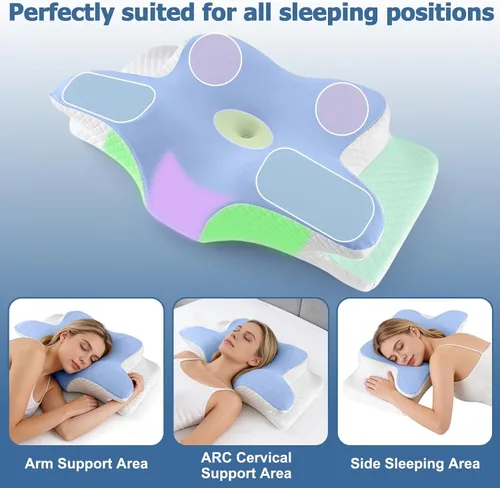 Vista 4 de Almohada cervical de espuma viscoelástica – Almohada ortopédica ajustable de contorno para soporte de cuello y hombros, inodora, apta para dormir