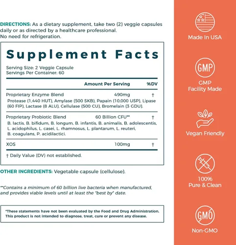 Vista 8 de NewRhythm Enzimas digestivas de 490 mg, con probióticos y prebióticos, a base de plantas, 7 enzimas clave, digestión, absorción de nutrientes