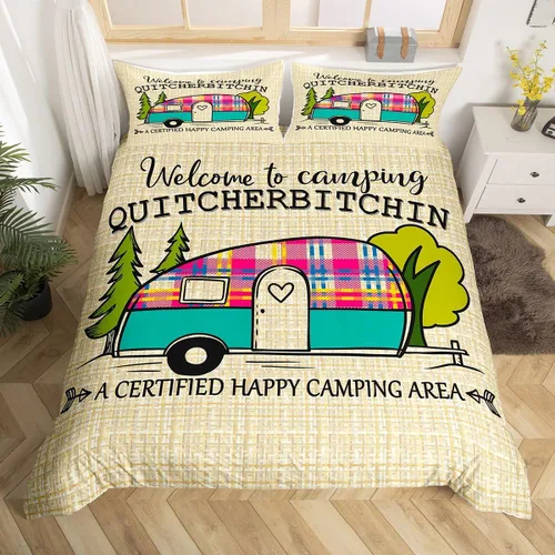 Vista 25 de Erosebridal Juego de funda de edredón de cabaña de cabaña, ropa de cama individual para niños, funda de edredón de campamento feliz, ropa de cama