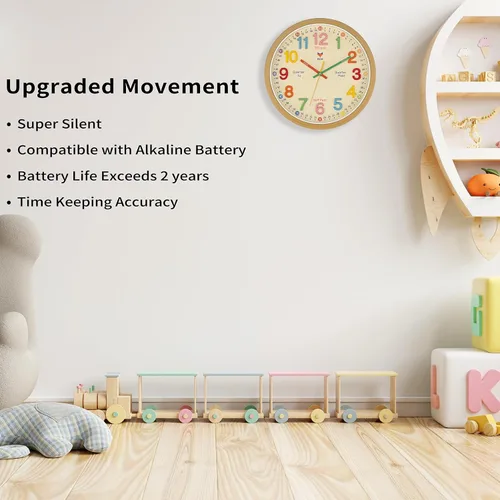 Vista 3 de Foxtop Silent Kids - Reloj de pared de aprendizaje de 12 pulgadas, sin tictac, funciona con pilas, colorido reloj para niños