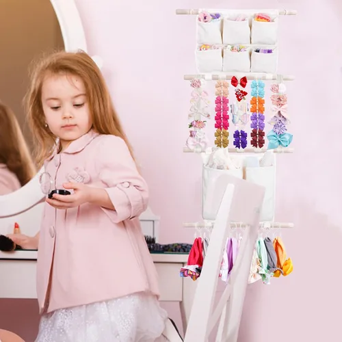 Vista 2 de cherrboll Organizador de lazos para el pelo con soporte para diadema para niñas, colgador de almacenamiento de pinzas para el cabello con ganchos