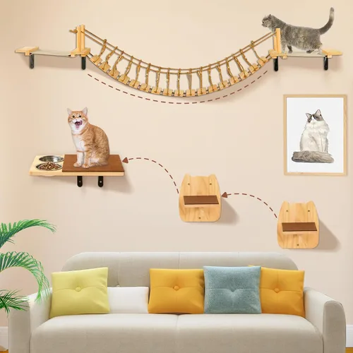 Vista 5 de Calmbee Estantes de Pared para Gatos, Muebles de Pared para Gatos Puente para Gatos de 70" Montaje en Pared Percha para Gatos Hamaca de Madera Árbol