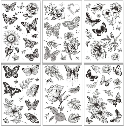 Vista 2 de Tazimi 6 hojas de tatuajes temporales de mariposa de flores negras para mujeres y niñas, de larga duración, realistas, impermeables, tatuajes falsos
