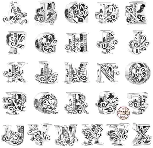 Vista 5 de BEEUVIP Dijes de plata de ley 925 para pulseras Pandora, cuentas iniciales del alfabeto, regalo de joyería para mujeres