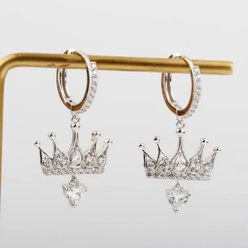 Vista 3 de 925 Sterling Silver Cubic Zirconia Princess Crown Dangle Huggie Hoop Earrings
