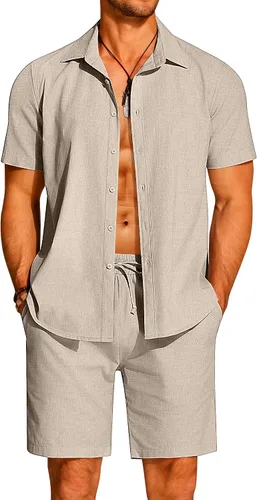Vista 5 de COOFANDY Conjunto de 2 piezas de algodón y lino para hombre, camisas de manga corta con botones, pantalones cortos de playa de verano, trajes