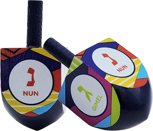 Vista 2 de The Dreidel Company Paquete de 10 unidades multicolor pintadas a mano de madera, el juego de Hanukkah, Let's Play Dreidel de 1.75 pulgadas
