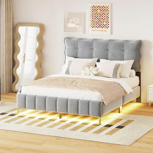 Vista 27 de Cama de plataforma flotante, marco de cama de madera tamaño individual con rayas claras, tela de lino suave y cabecera de diseño capitoné