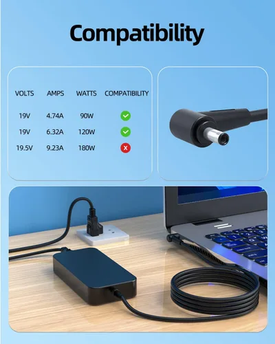 Vista 3 de Superer Cargador de 120 W para portátil Asus Zenbook Flip 15 Q528 Q537 Q538 Q537F Q528E Q538E Q528EH Q538EI Q537FD, cable extendido, conector redondo
