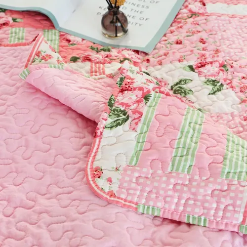 Vista 7 de Colcha floral con 1 funda de almohada, tamaño individual, juego de edredón de retazos rosa de 2 piezas, edredón de verano para niñas y mujeres