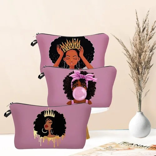 Vista 2 de Bolsa de maquillaje afroamericana para monedero de lona afro-negra, bolsas de cosméticos para mujer, regalo inspirador, pequeña bolsa divertida