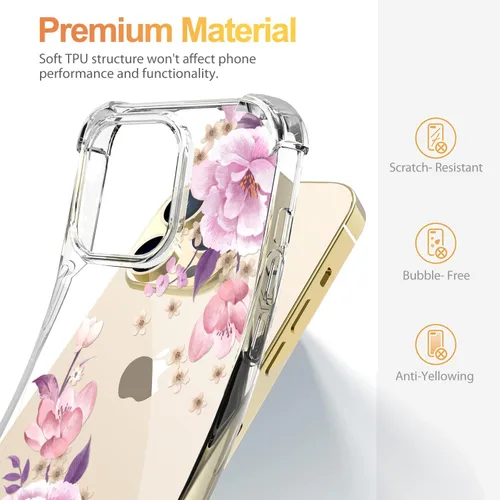 Vista 6 de Funda con diseño de patrón de flores para iPhone 13 Pro Max [con protector de pantalla], funda transparente floral para teléfono de mujer a prueba