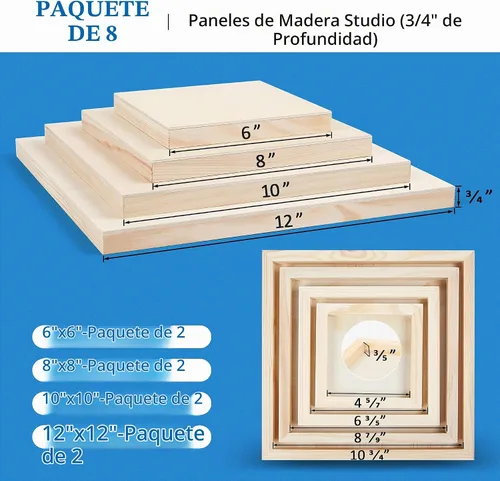 Vista 2 de Falling in Art Kit de paneles de lienzo de madera de abedul sin terminar, 8 paquetes de 4 tamaños Studio 3/4 pulgadas de profundidad para verter