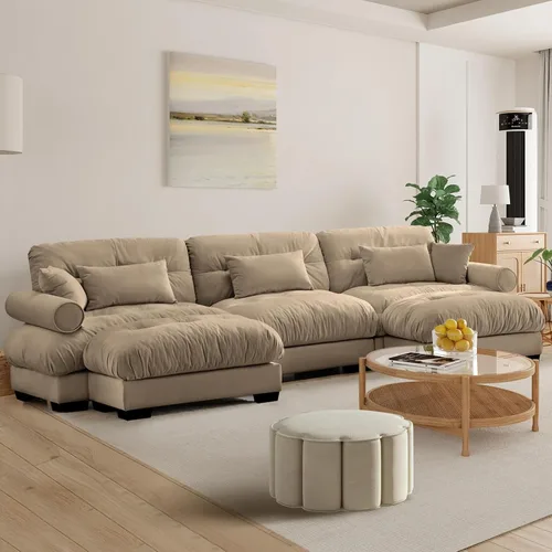 Vista 85 de Reposapiés Otomano Tapizado de Terciopelo con Cojín para Sofá Seccional Sofá 300 libras para Sala de Estar (Beige)