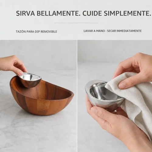Vista 4 de Nambe - Colección Serveware - Harmony Chip y cuenco de inmersión - Mide 12 x 6.5 pulgadas - Fabricado con madera de acacia y aleación nambe