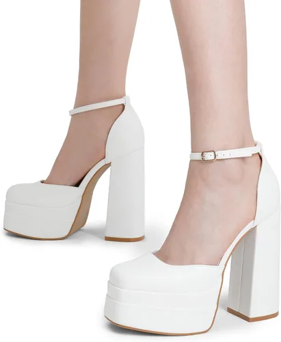 Vista 5 de DREAM PAIRS Zapatos de tacón alto y grueso para mujer, con puntera cerrada, puntera cuadrada, correa al tobillo, para boda, fiesta, zapatos de tacón