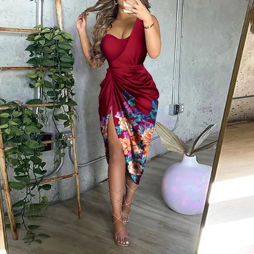 Vista 2 de Vestidos de cóctel casuales para mujer, vestido largo de verano con abertura de un hombro fruncido, vestido de noche maxi vestido casual