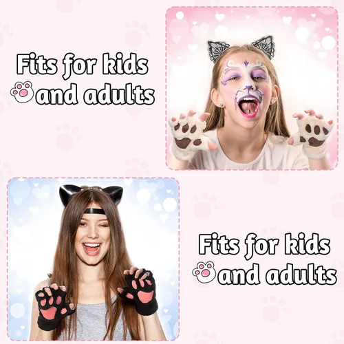 Vista 3 de SATINIOR 4 pares de guantes de pata de gato, guantes sin dedos, guantes de media pata de dedo, guantes de felpa de invierno para niños y adultos