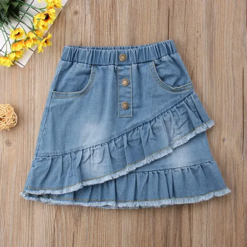 Vista 5 de Minifalda de mezclilla para niños y niñas pequeñas, vestido corto con volantes