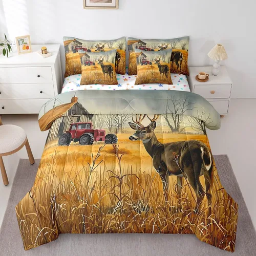 Vista 131 de Feelyou Juego de edredón de ciervo con sábanas – Tamaño Queen 7 piezas Juego de ropa de cama infantil de caza rústica – Cama de ciervo de cabaña