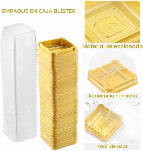 Vista 5 de UPKOCH 50 cajas cuadradas de plástico para pastel de luna, embalaje de postre dorado, recipiente para magdalenas individuales, pequeñas